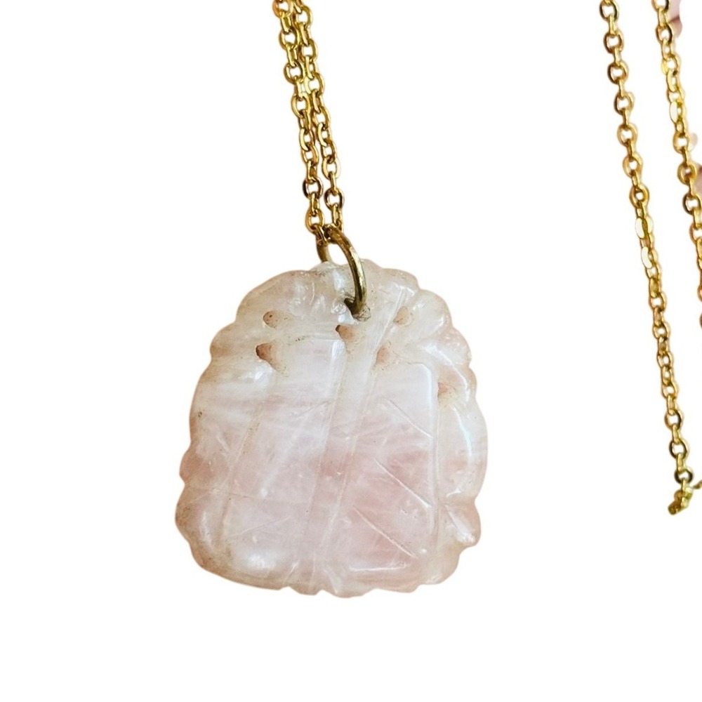 VTG Regal Rose Quartz Pendant necklace pink carved gold tone Statement 70s‎ 20"